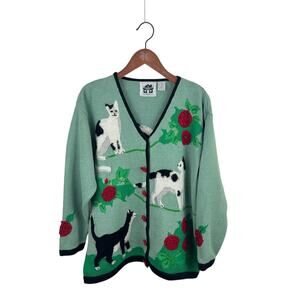 Storybook Knits Green Cats & Roses Cardigan